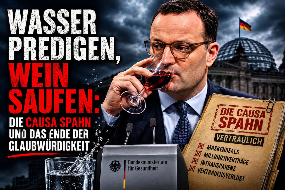 Ein dramatisches Titelbild zeigt einen Politiker, der an einem Rednerpult steht und ein Glas Rotwein trinkt, während im Hintergrund der Reichstag unter dunklen Wolken zu sehen ist. Große, kontrastreiche Schrift betont den Titel „Wasser predigen, Wein saufen: Die Causa Spahn und das Ende der Glaubwürdigkeit“. Daneben liegt eine Aktenmappe mit der Aufschrift „Die Causa Spahn“ und Stichpunkten wie Maskendeals, Millionenverträge, Intransparenz und Vertrauensverlust.