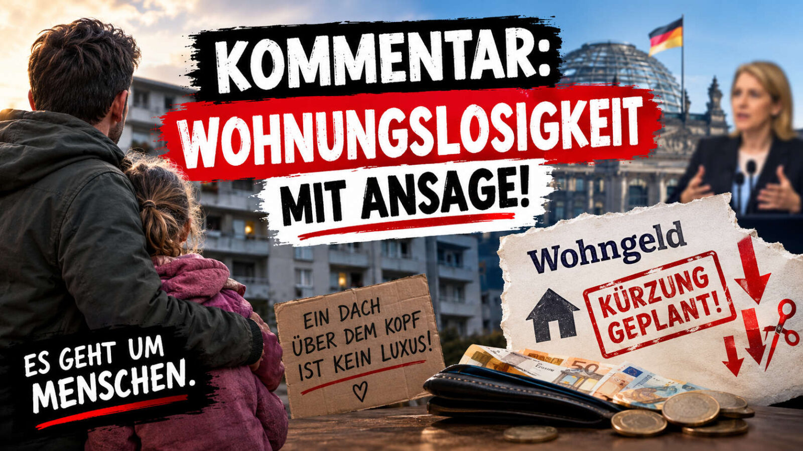 Dramatisch gestaltetes Titelbild zum Thema geplante Wohngeldkürzungen in Deutschland. Ein Vater steht schützend neben seinem Kind vor einem Mehrfamilienhaus. Im Hintergrund sind der Reichstag und eine unscharf dargestellte Politikerin zu sehen. Auf einem zerrissenen Papier steht „Wohngeld – Kürzung geplant!“.Geldscheine, Münzen und ein geöffnetes Portemonnaie symbolisieren finanzielle Sorgen.Die große rot-schwarze Überschrift lautet: „Kommentar: Wohnungslosigkeit mit Ansage!“